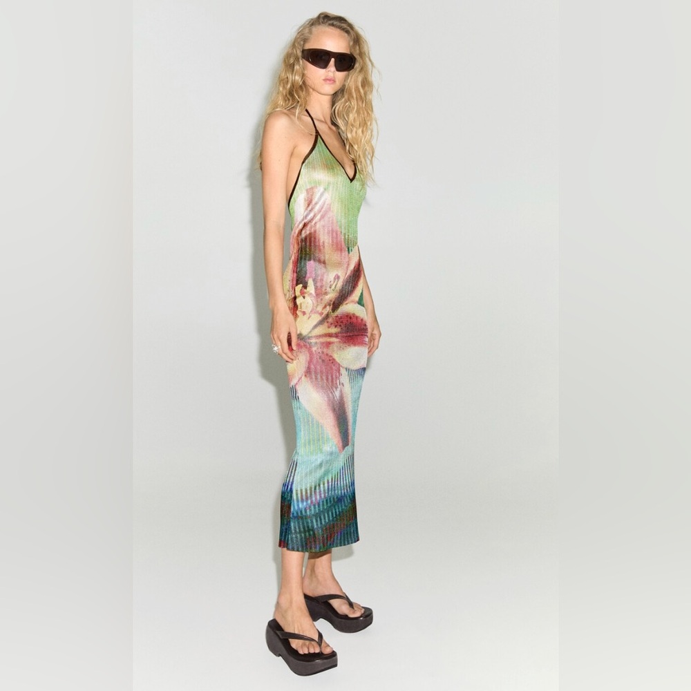 SIEDRES Green and Pink Floral Halter Midi Dress - Picture 2 of 6